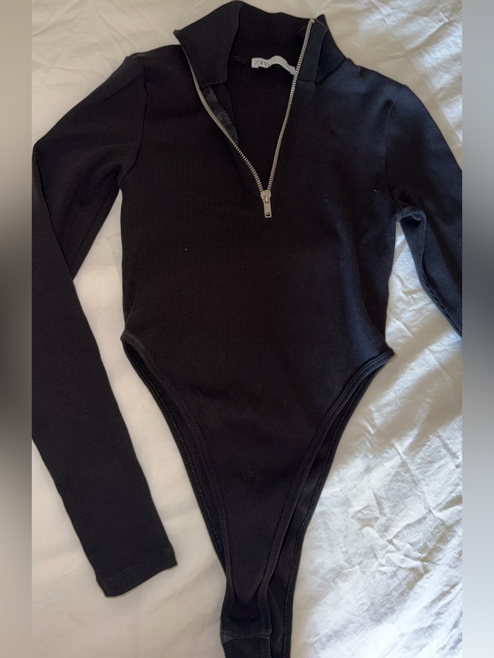 Zara Black Ribbed Long-Sleeve Zip-Front One-Piece Bodysuit